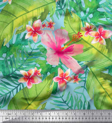 Blue Rayon Fabric Leaves & Plumeria Flower Tropical Print Fabric by The Yard 56 Inch Wide