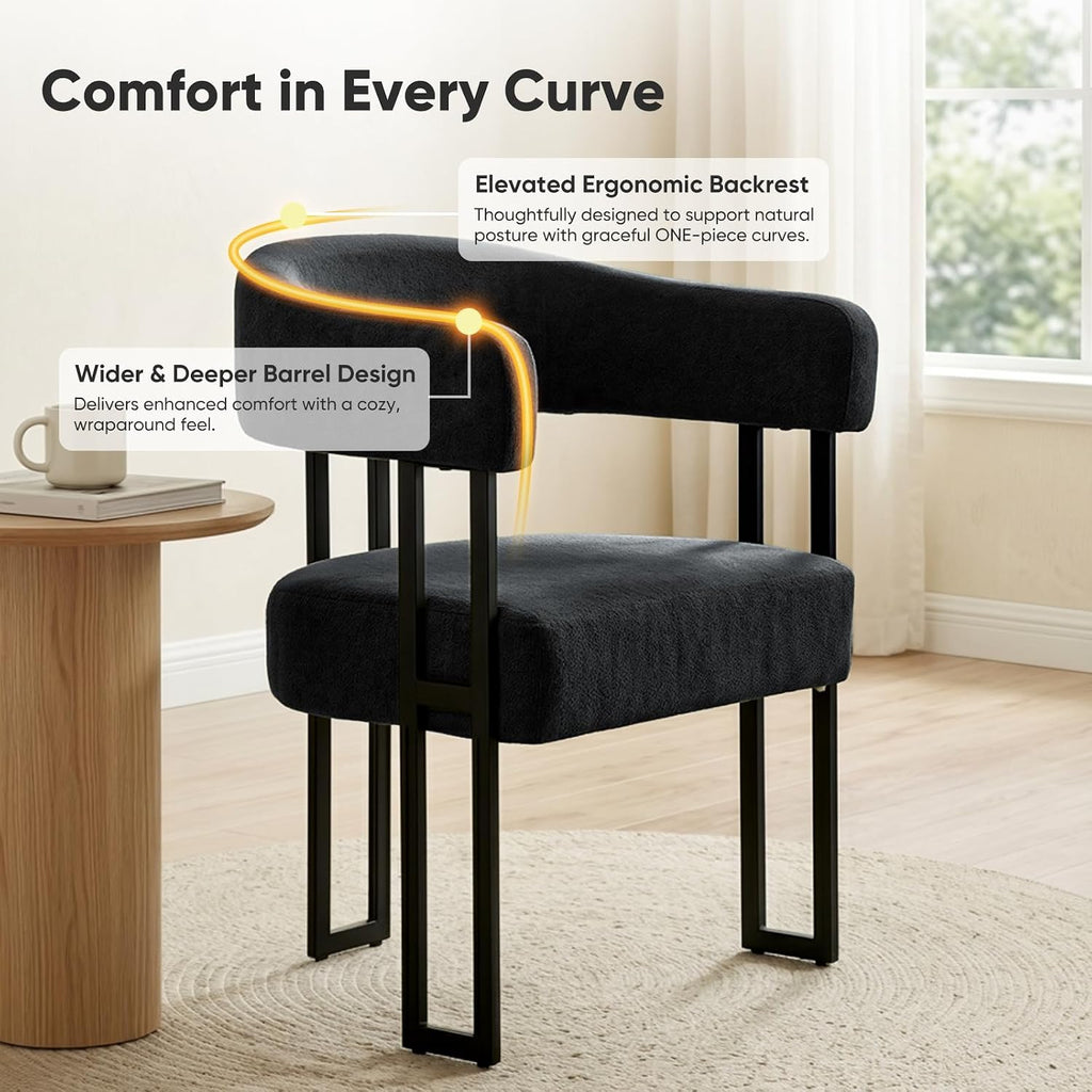 Barrel Chairs Set of 4, Boucle Upholstered Black Dining Chairs with Arm, Kitchen Chair with Metal Leg Elevated