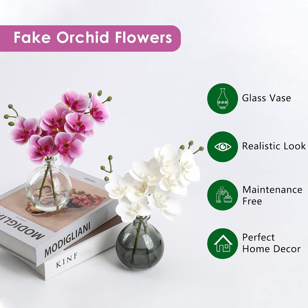 White Orchids Artificial Flowers Faux Orchid Arrangement with Clear Glass Vase Set of 2 Real Touch Phalaenopsis