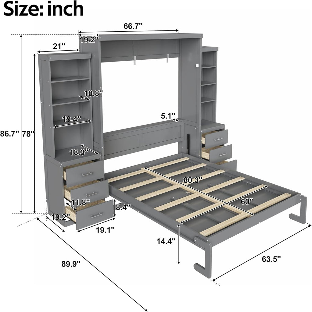 Murphy Bed Queen,Murphy Bed with Storage Shelves and Drawers,Wall Bedframe w/Wood Slatk,can be Folded,No Box Spring
