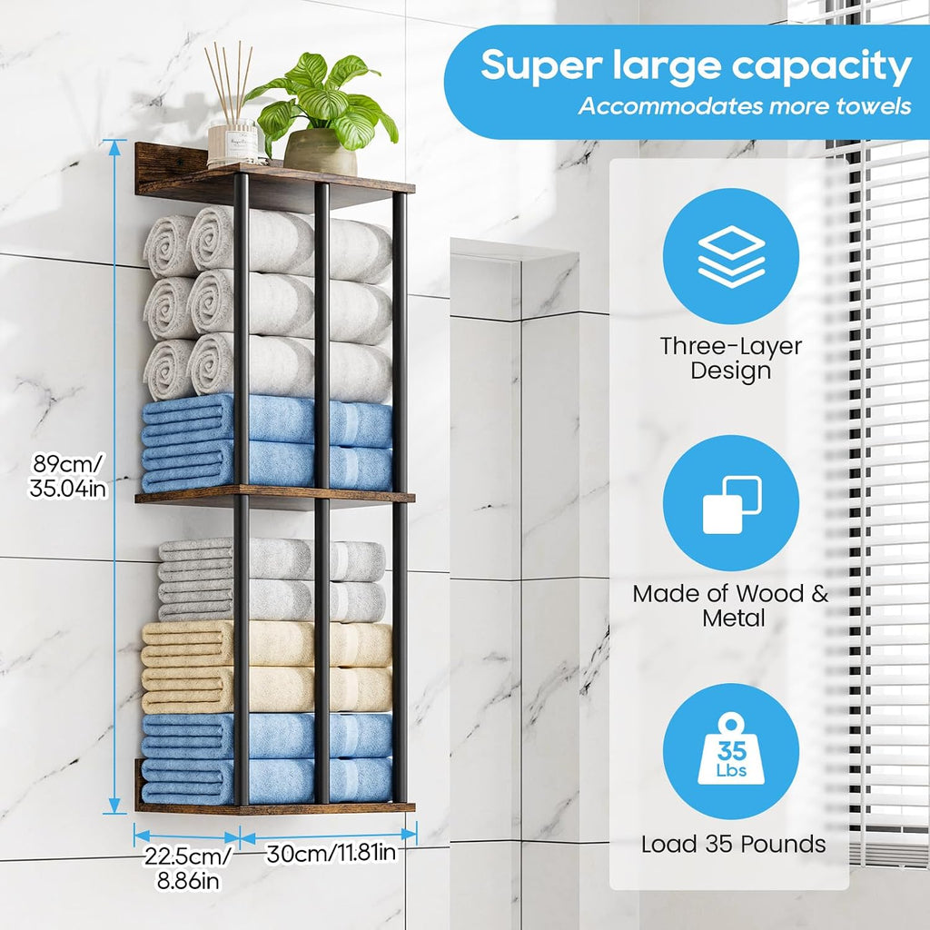 Towel Racks Wall Mounted with Wooden Storage Shelf | Updated 3 Bar Metal Towel Holder for Rolled Towels, Sturdy and