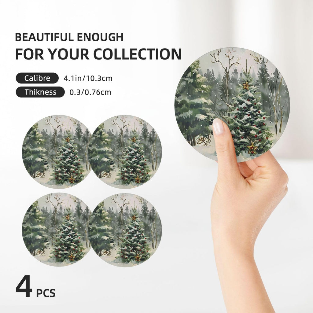 Winter Christmas Tree Coasters for Drinks Red Bell Absorbent Ceramic Coaster Set of 4 for Coffee Table Cup Bar