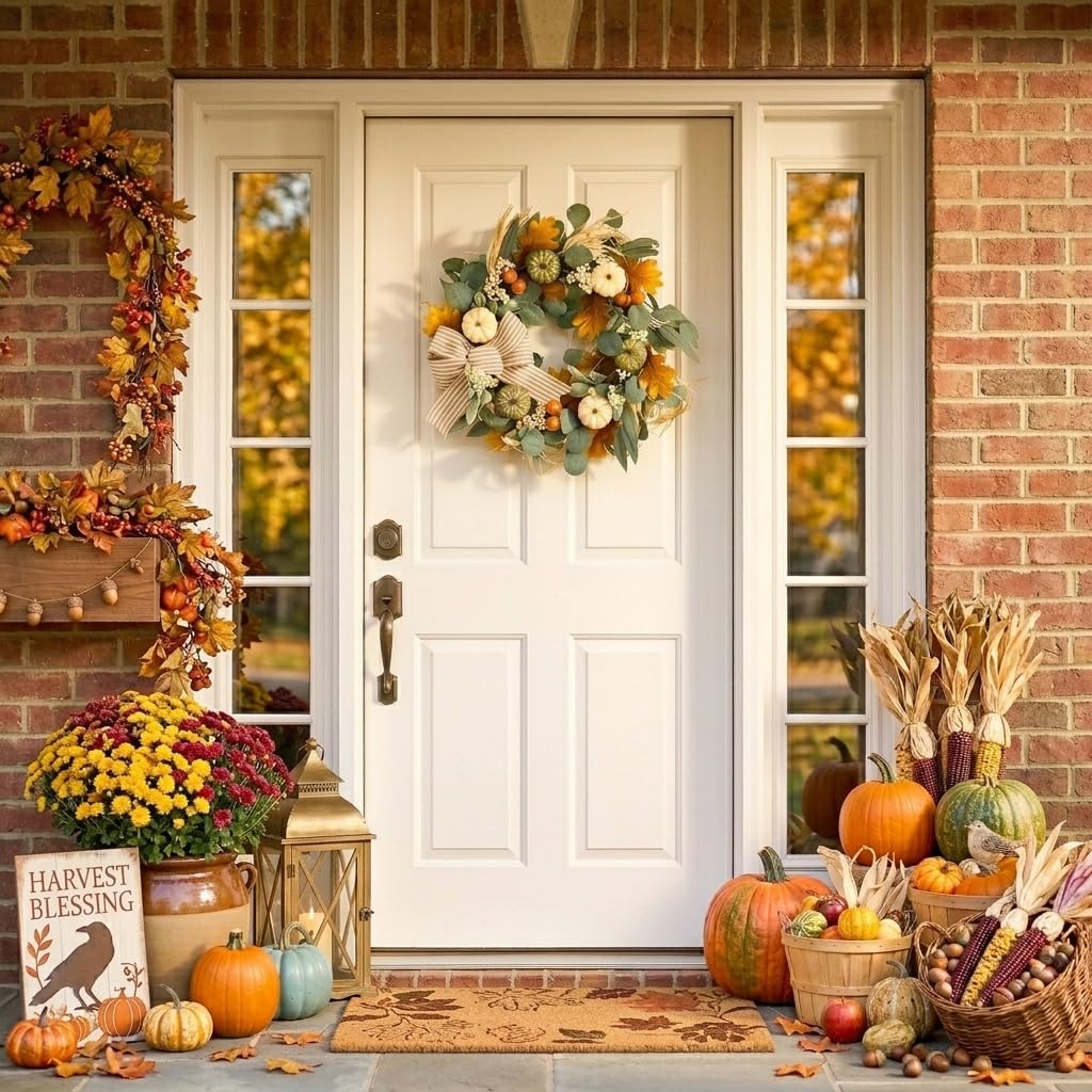 24'' Fall Wreaths for Front Door with LED Lights