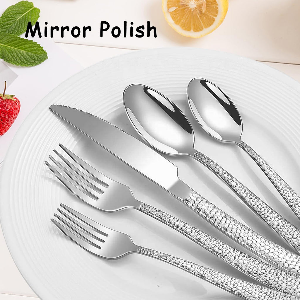 Hammered Silverware Set With Gift Box For 8 Cutlery Set Utensils Stainless Steel Flatware 40 Pieces Luxury Kitchen
