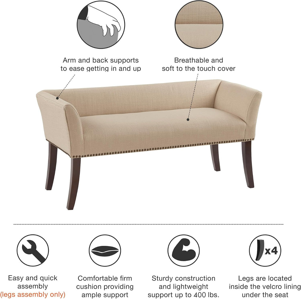 Accent Bench, Upholstered with Nailhead Trim, & Padded Seat Entryway Bench Small, End of Bed Bench with Back, 49.5" W