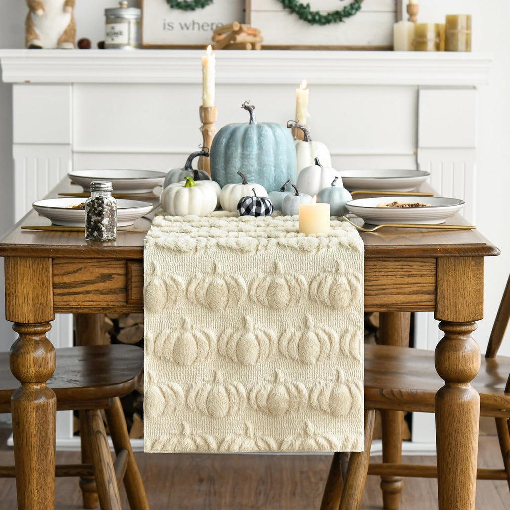 Beige Soft Faux Fur Pumpkins Fall Table Runner 13x72 Inch