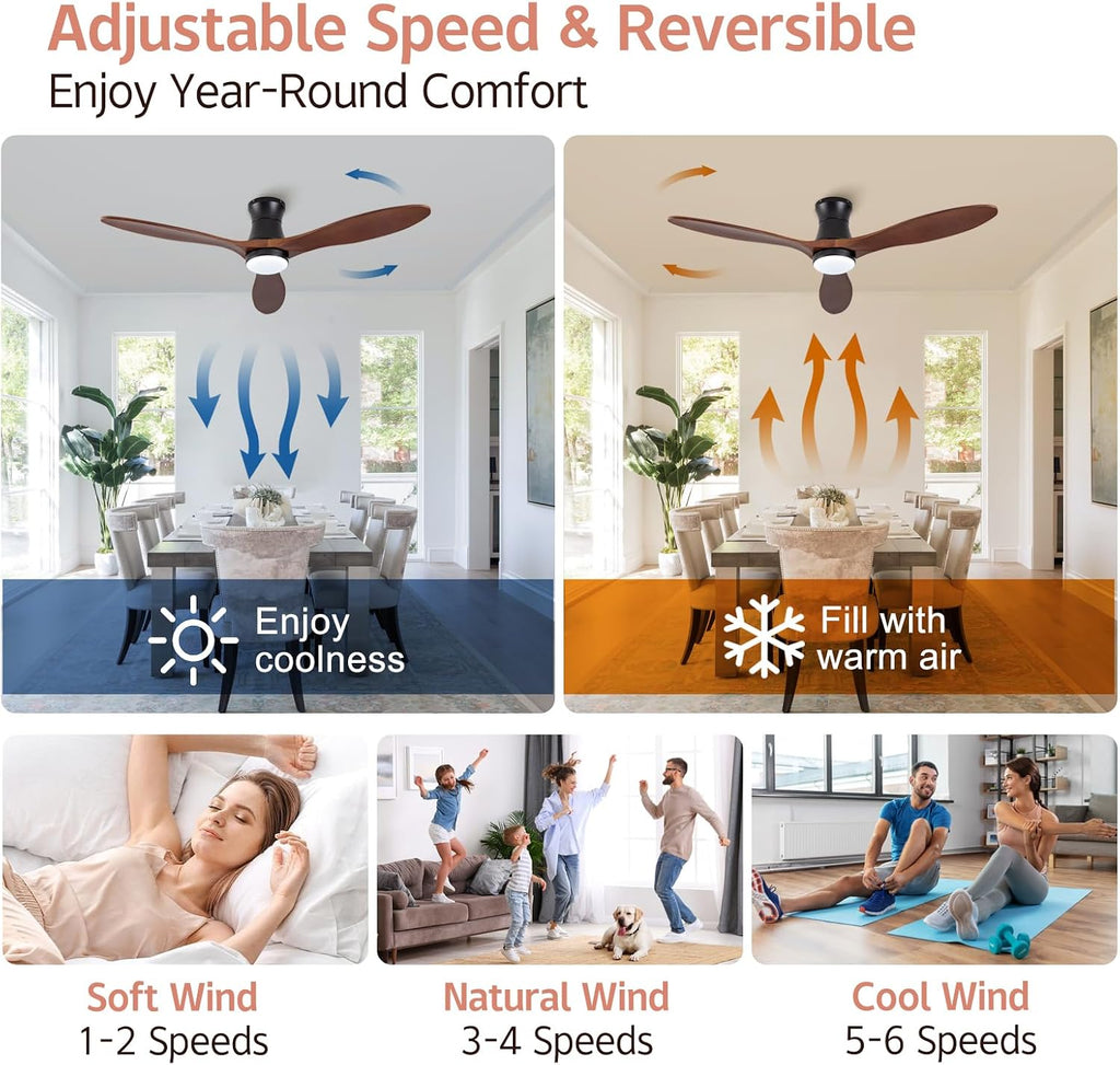 52 Inch Inspired Maverick Style Low Profile Smart Ceiling Hugger Fan with LED Light & Remote - Flush Mount, Solid Wood Blades, 6-Speed - Black