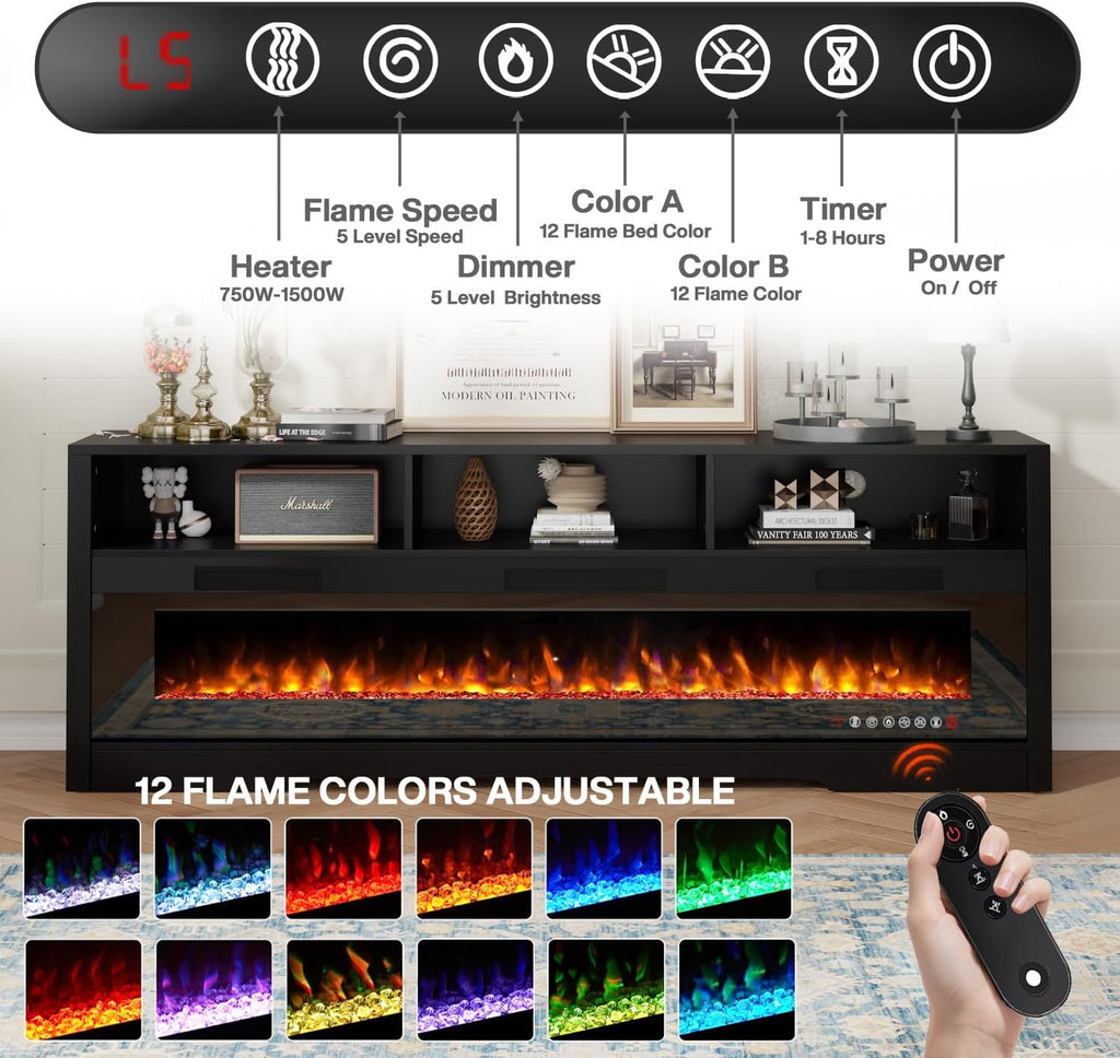 65" Fireplace TV Stand with 60" Glass Electric Fireplace for TVs Up to 75 inch, Modern Fireplace Entertainment Center