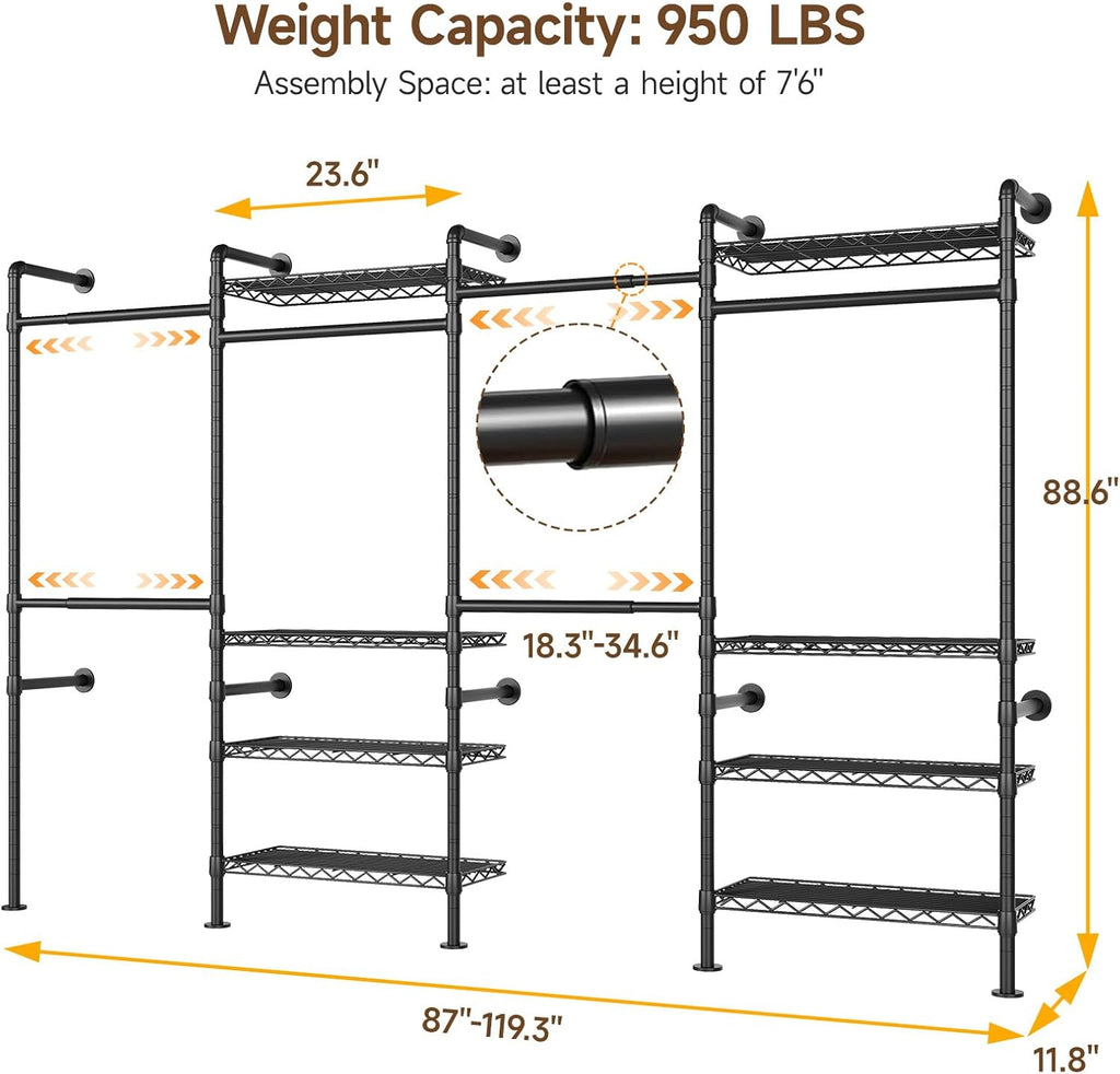 H4 Wall Mounted Closet System, Expandable Industrial Pipe Clothes Rack Clothing Rack for Hanging Clothes, Heavy Duty