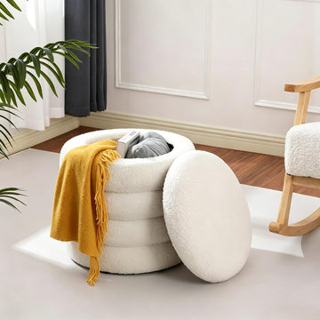 Teddy Sherpa Round Ottoman with Storage, Modern Upholstered Vanity Stool Foot Rest, Small White Boucle Storage Ottoman