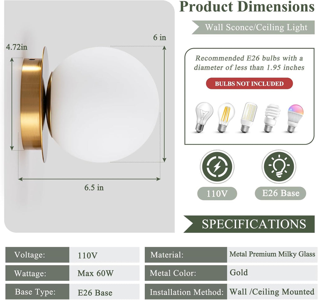 Gold Wall Sconce Set of 2, Modern Glass Globe Wall Sconce, Mid Century Indoor Wall Mounted Lamp, Wall Light Fixtures