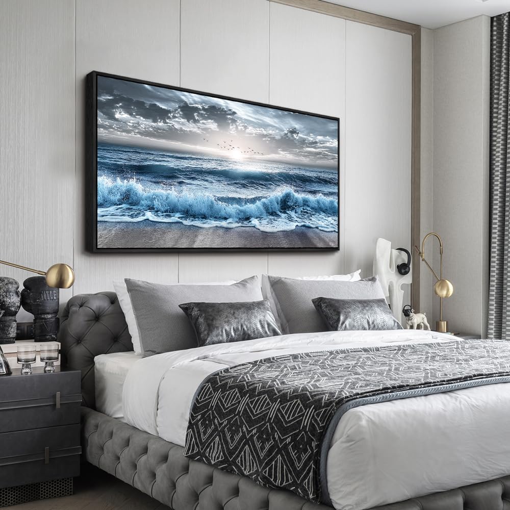 Large Wall Decor Wall Art Office Decor Blue Beach Sea Wave Paintings Sunrise Ocean Seascape Wall Pictures Canvas