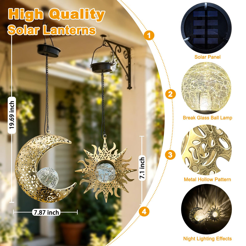 Solar Sun & Moon Lanterns Set, Hanging Decor for Garden, Gifts for Mom