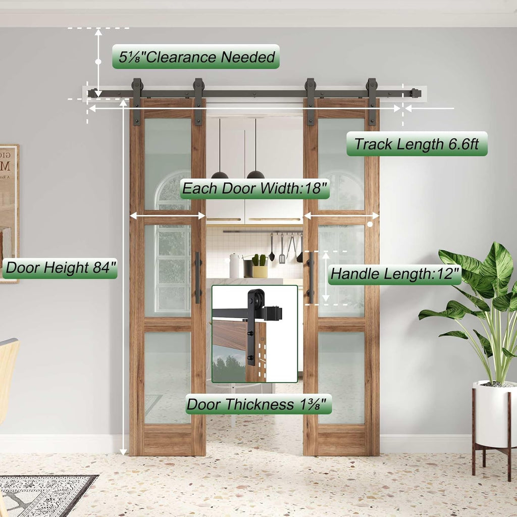 Double 18 x 84 inch Glass Barn Doors 36inch Barn Door with 6.6FT Hardware Kit & Handle Included,3-Pa