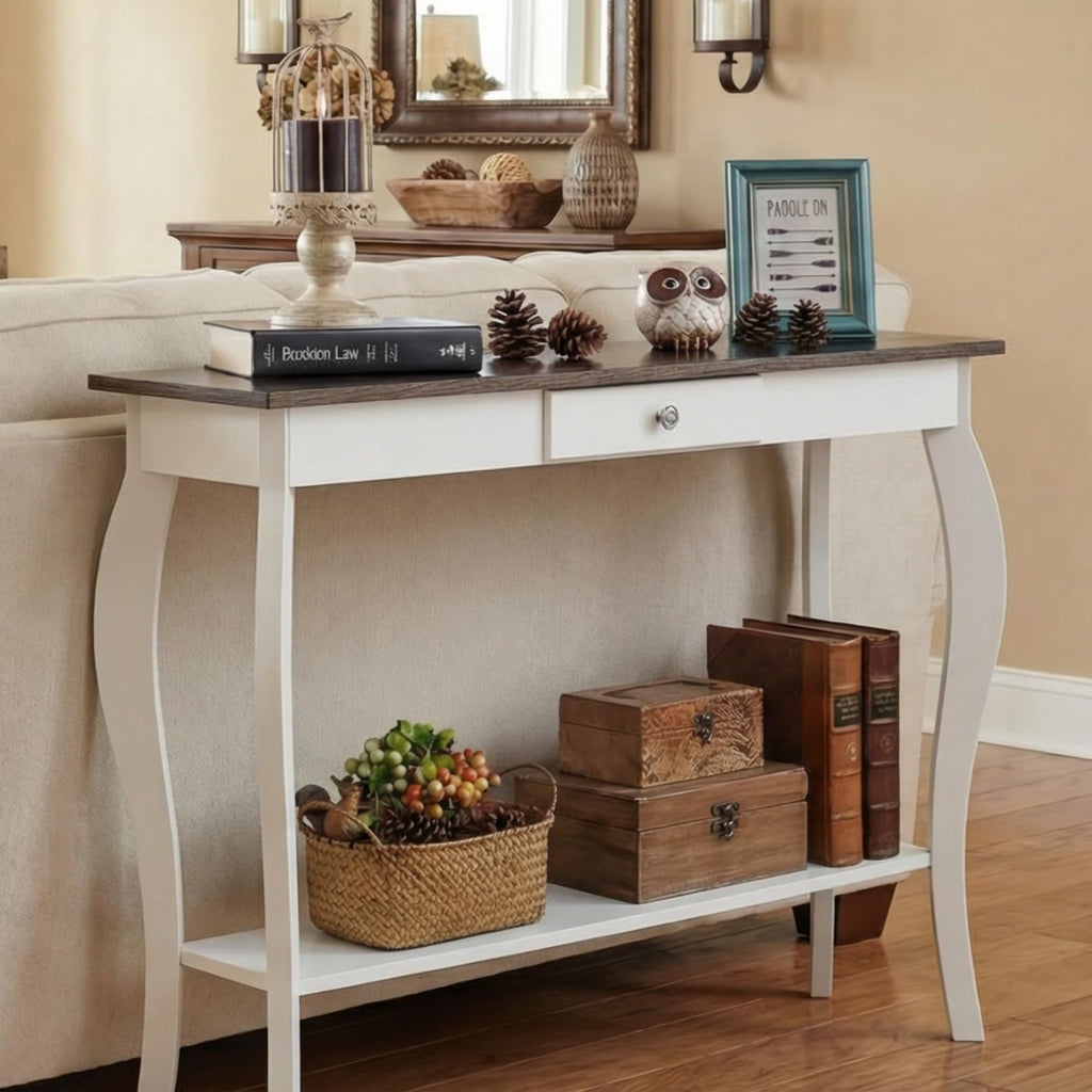 39" Narrow Farmhouse Entryway Table with Drawer, Soft White