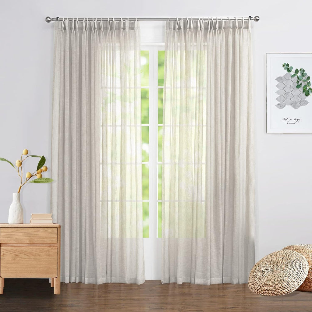 Sheer Curtains, Faux Linen Double Pleated Window Sheer Curtains Panels Drapery for Home, Hotel, Office