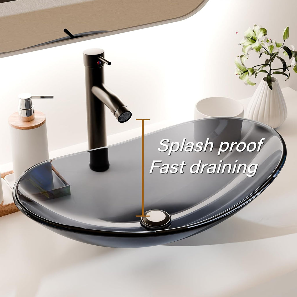 Vessel Sink Bathroom Sinks Tempered Glass Art Basin 20.8"x13.7" Oval Bowl Above Counter with Faucet and Pop-Up Drain