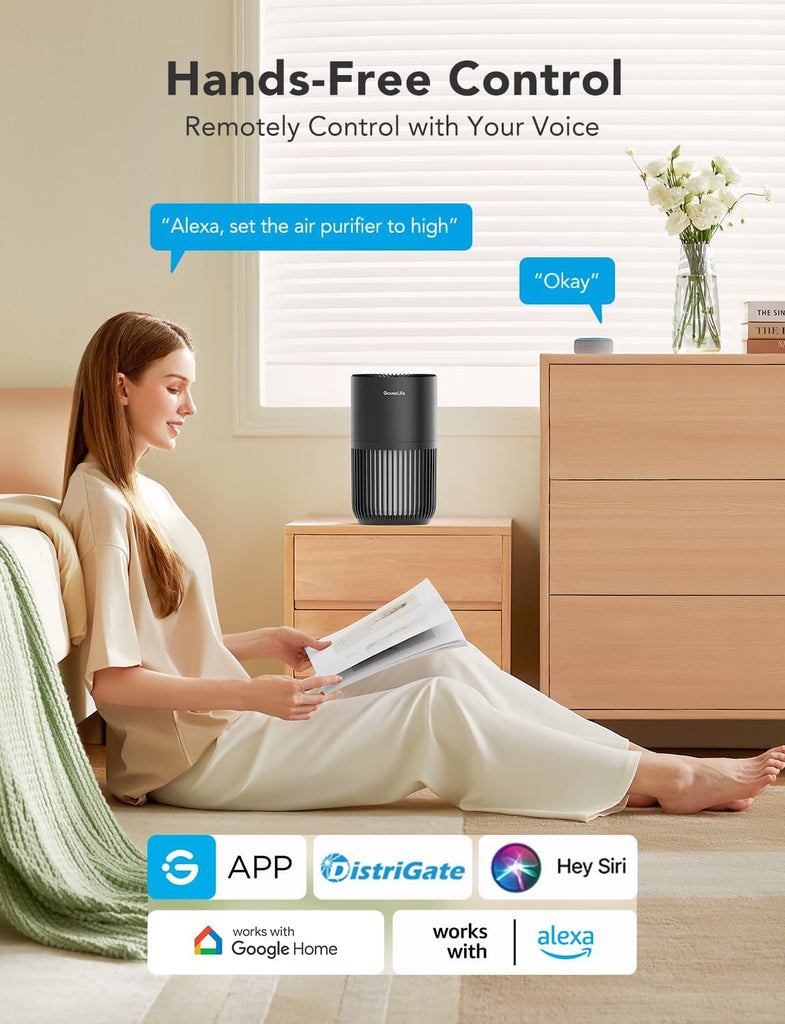 Mini Air Purifier for Bedroom, Smart Filter Air Purifier with App Alexa Control for Pet Hair, Odors, Pollen, Smoke