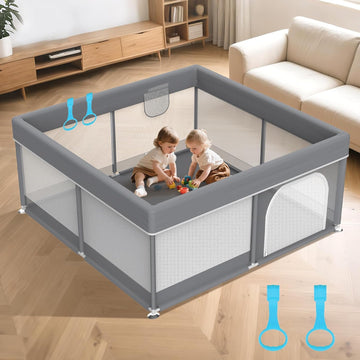 Baby Playpen 50"x50" for Toddlers Play Yard with Pull Up Rings and Gate