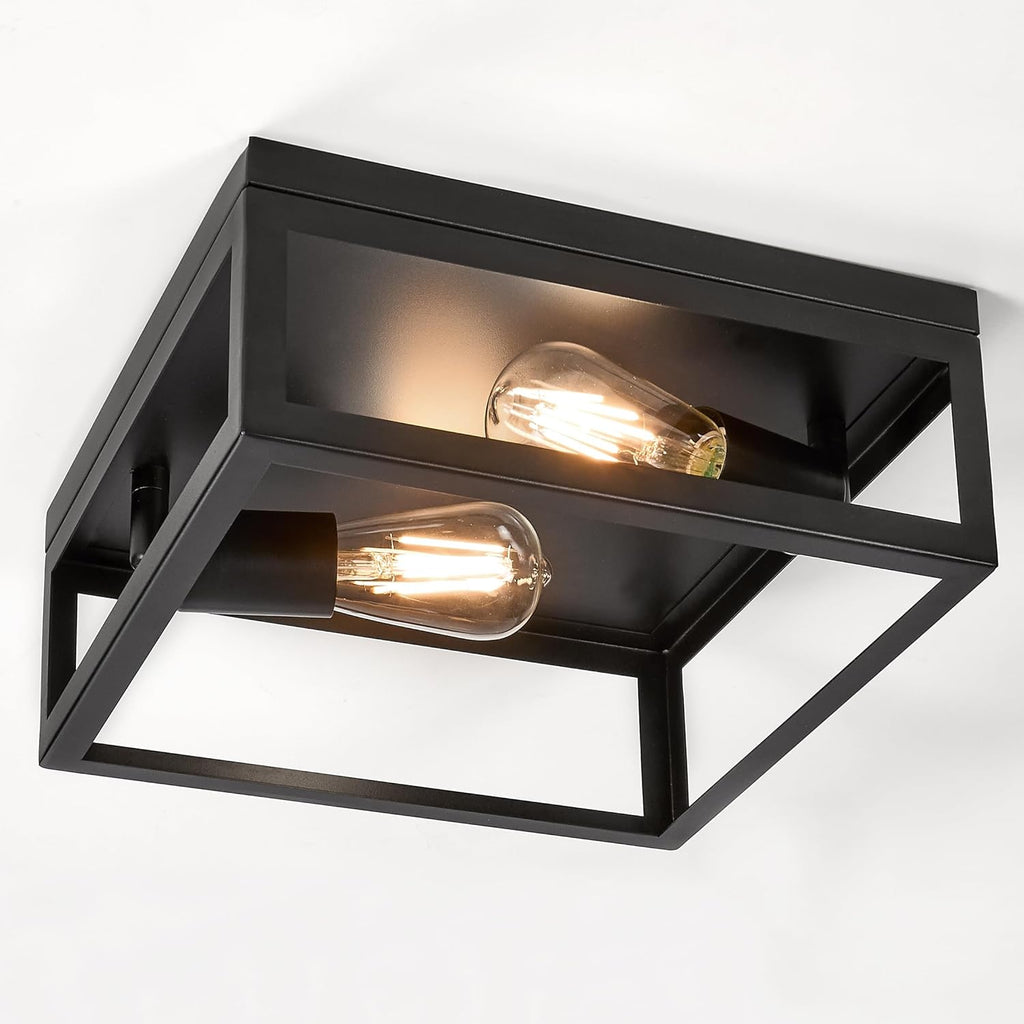 Indoor/Outdoor Flush Mount Ceiling Light, 2-Light Square, Black | Farmhouse Style, Close to Ceiling, Entryway Light