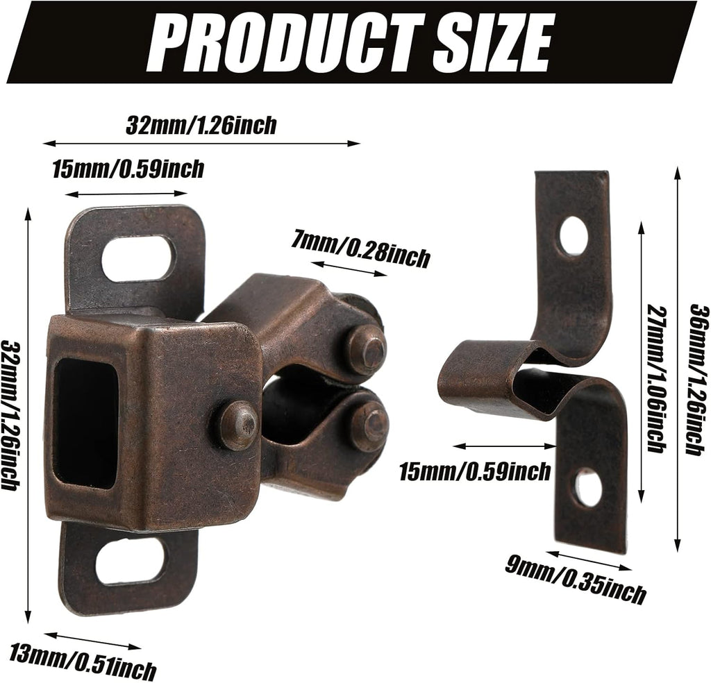 20 Pcs Cabinet Door Latch and Catch Hardware Double Roller Catch Cabinet Latches with Spear Strike Doors Kitchen (Brown