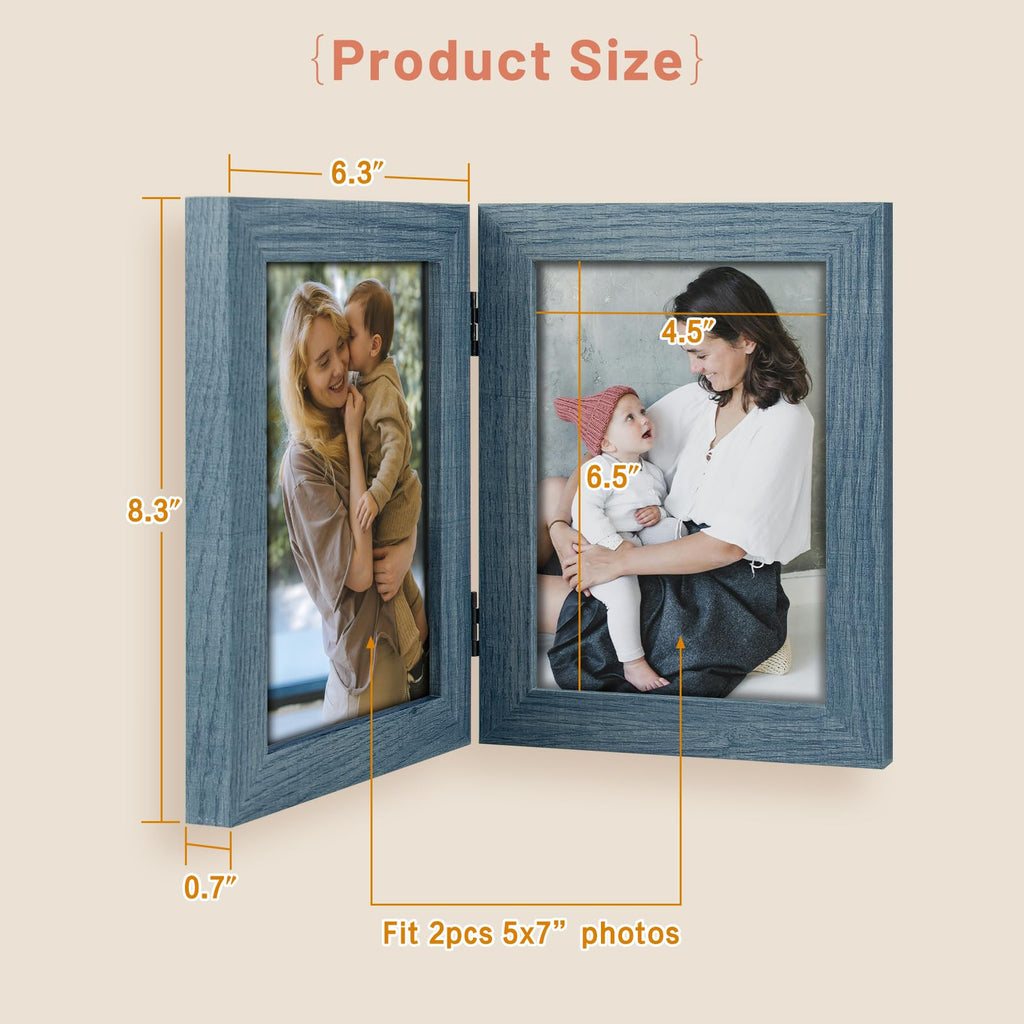 5x7 Double Picture Frame, Hinged 2-Photo Frame, Blue1 Pack