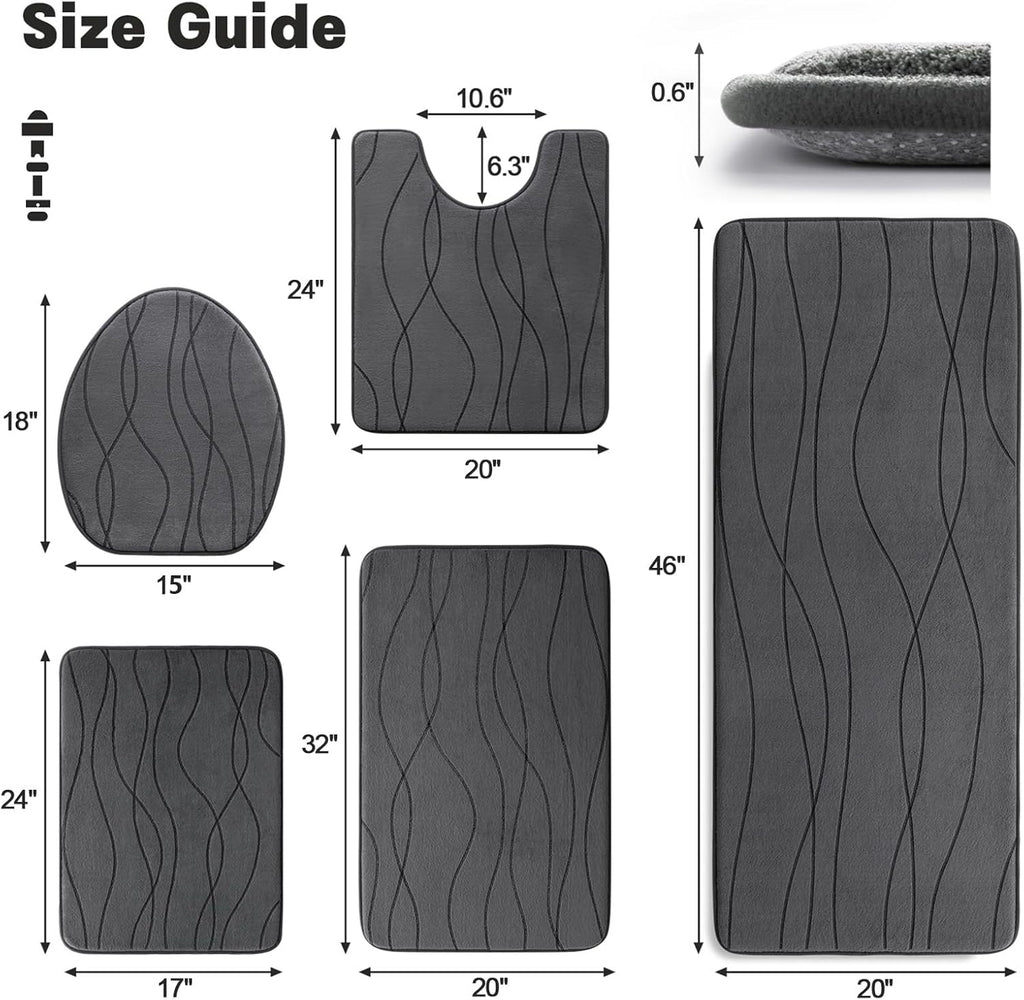 Bathroom Rugs Set 5 Piece, Memory Foam Bath Mat Dark Grey | Ultra Soft, Absorbent, Non-Slip, Machine Washable, Sink