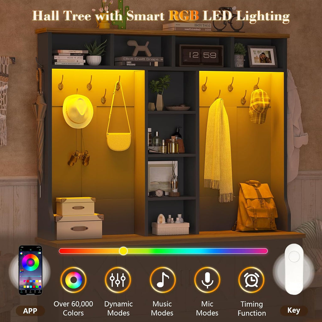 Hall Tree with Bench and Shoe Storage, Farmhouse Entryway Bench with Coat Racks and Led Lights, Black Large Hall Tree