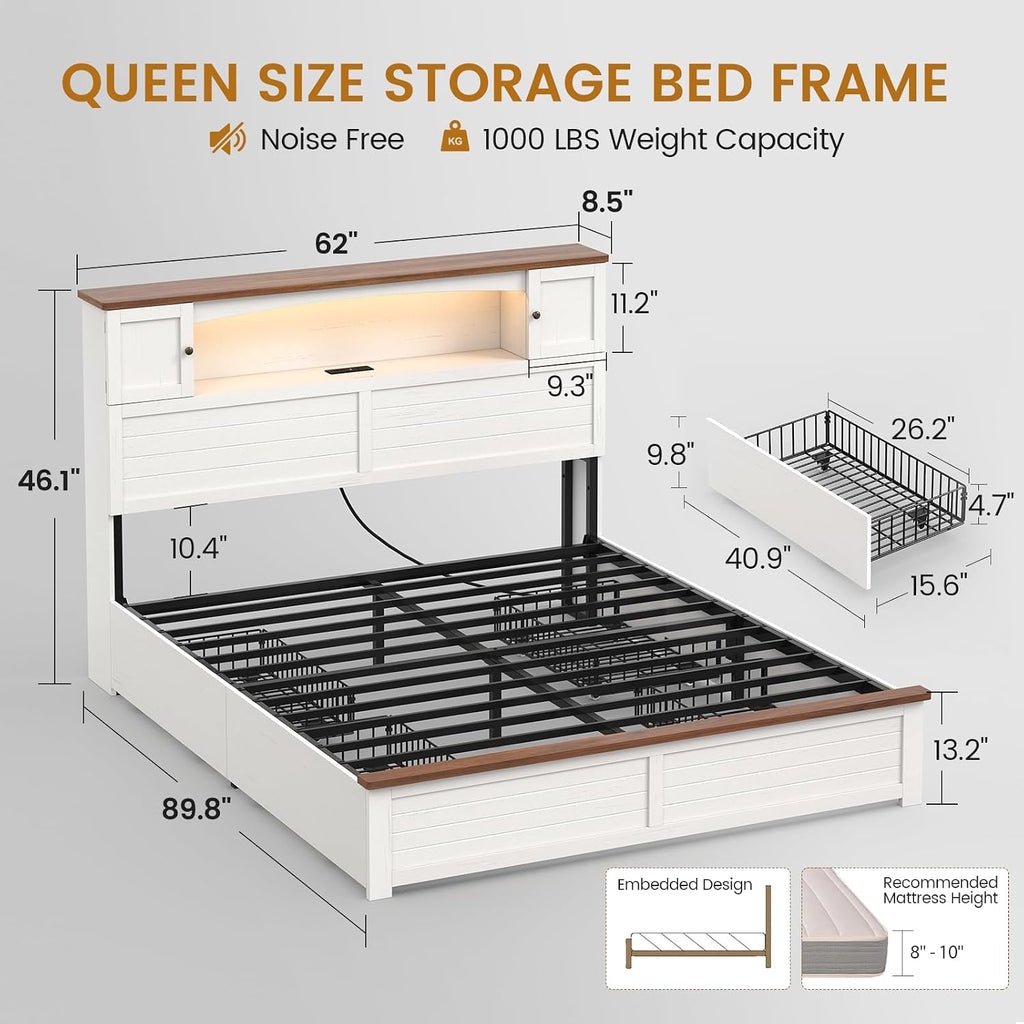 Farmhouse Queen Bed Frame with Bookcase and Storage Cabinets Headboard, Wood Platform Bed with LED Lights, Charging