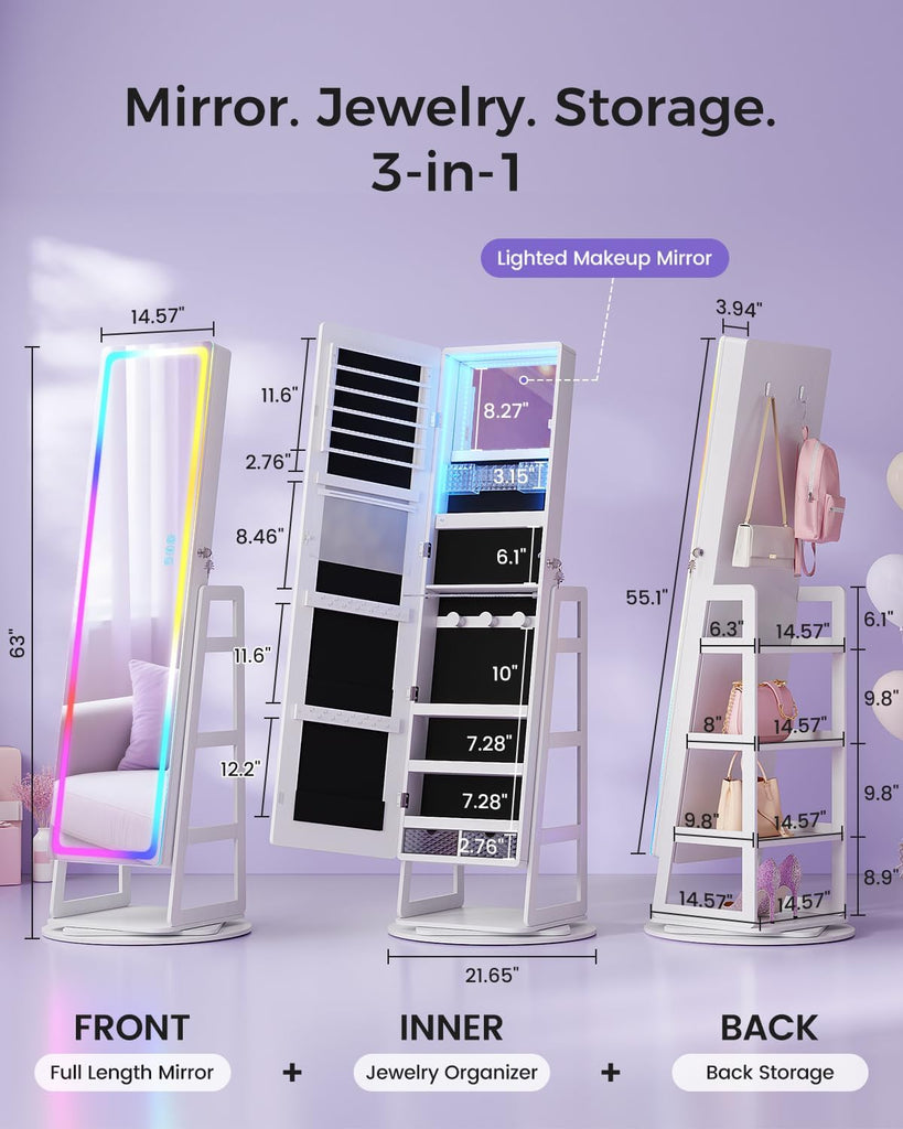 RGB Jewelry Cabinet with Full Length Mirror, 360° Rotating Lockable, 12-Zone Velvet Floor Standing Jewelry