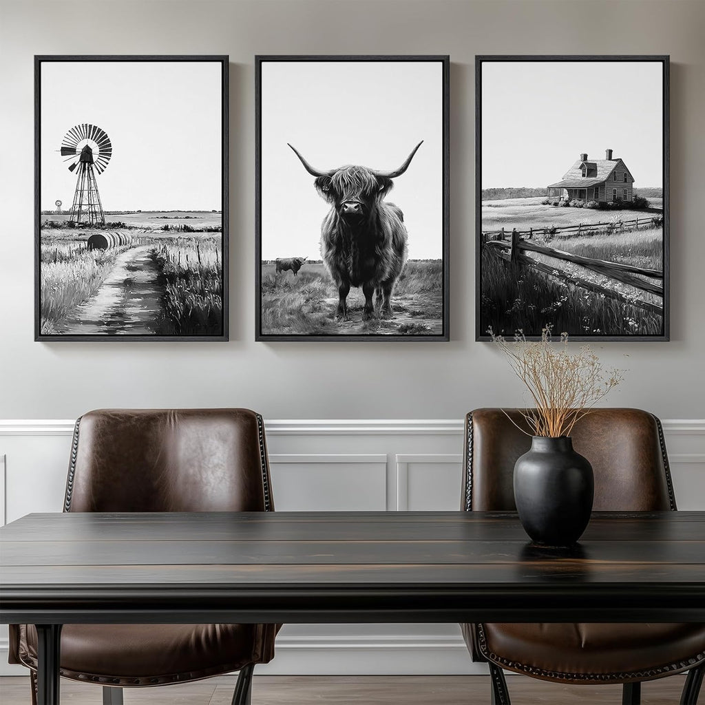 Large Framed Black and White Wall Art , Modern Highland Cow Canvas Prints Paintings Set of 3 Pieces, Contemporary