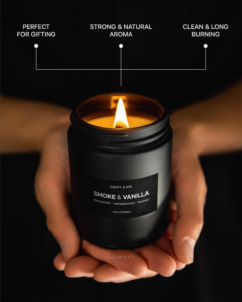 Premium Smoke & Vanilla Scented Candle - Long Lasting, 45 Hour Burn Time - Luxury Black Natural Soy Scented Candle