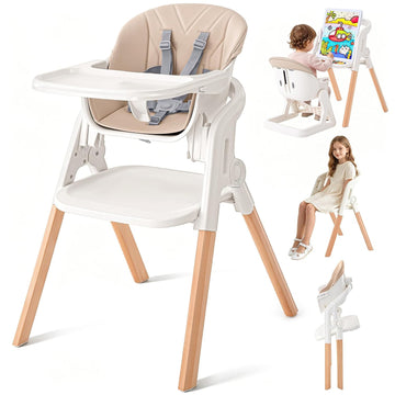 Foldable Baby High Chair, 4-in-1 Convertible Wooden Baby Highchairs (Beige)
