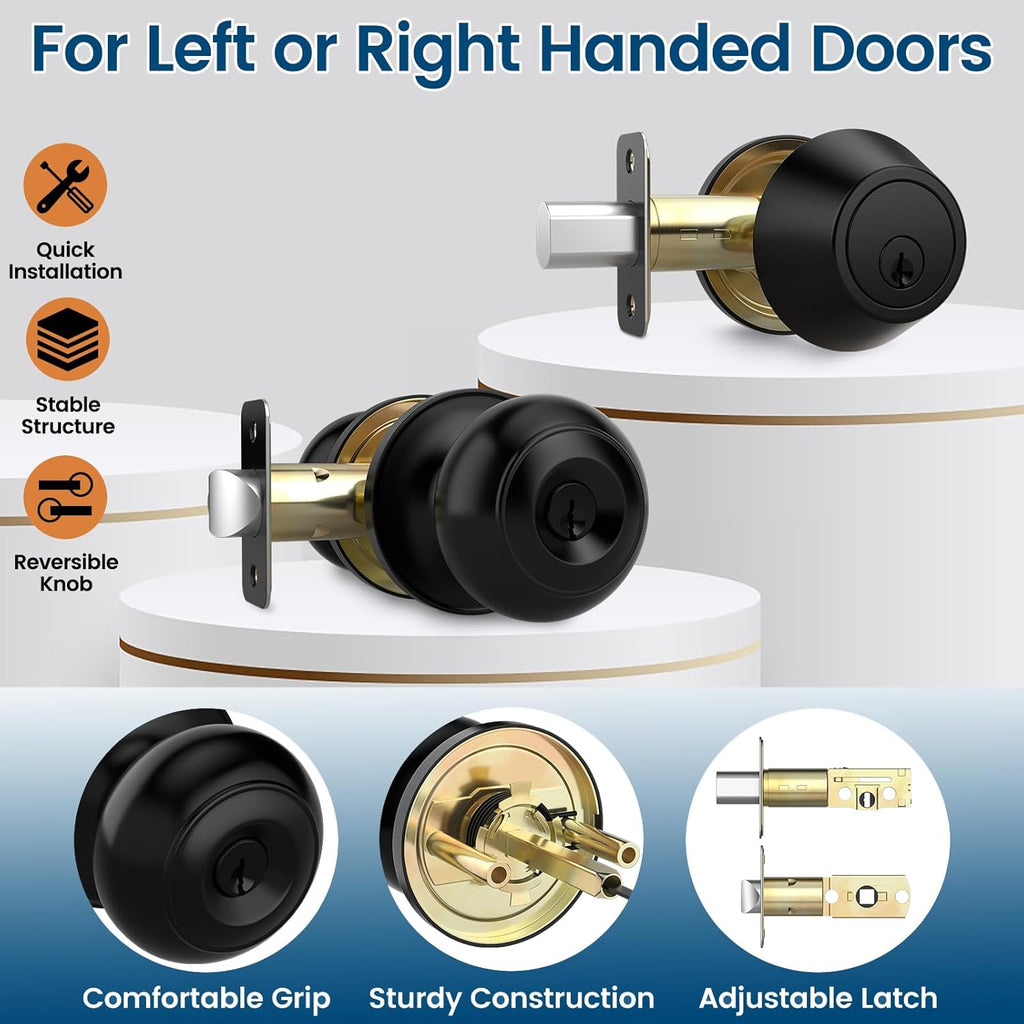 6 Pack Keyed Alike Exterior Door Knob with Lock, Single Cylinder Deadbolt Lock and Entry Door Knob Set