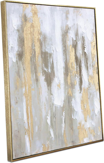 Gold Abstract Wall Art Decor - Framed Texture Paintings Modern Canvas Artwork with Hand-Painted Gold Foil for Modern