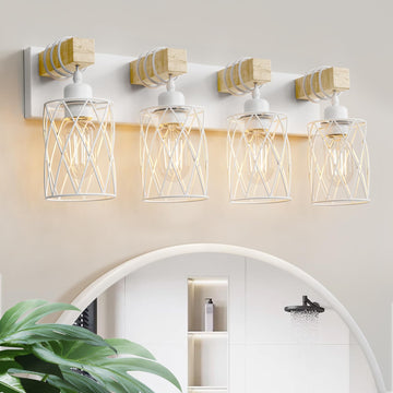 Farmhouse Bathroom Vanity Light, 4-Light Wood Bathroom Light Fixtures Over Mirror, Matte White Industrial Vanity