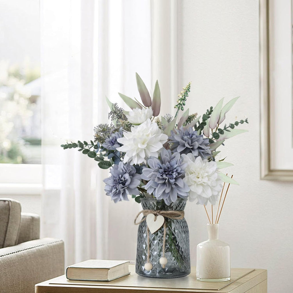 Fake Flowers in Vase,8 Dahlias,Silk Artificial Flowers in Vase,Centerpiece Table Decorations,Faux Flowers in Vase