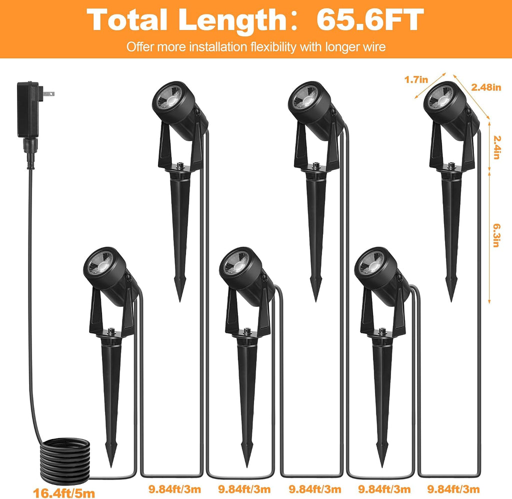 Outdoor Landscape lighting Low Voltage, 65.6FT Wired LED Spot light with Plug-in Transformer, IP65 Waterproof Outside