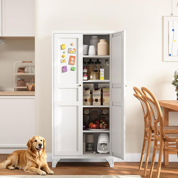 Metal Storage Cabinet with 2 Doors and 4 Adjustable Shelves - 61" White Kitchen Pantry Storage 5-Tier Tall Steel