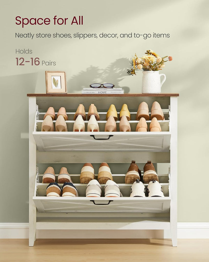 Shoe Storage Cabinet Organizer with 2 Flip Drawers, Freestanding Narrow Shoe Rack Cabinet , Farmhouse