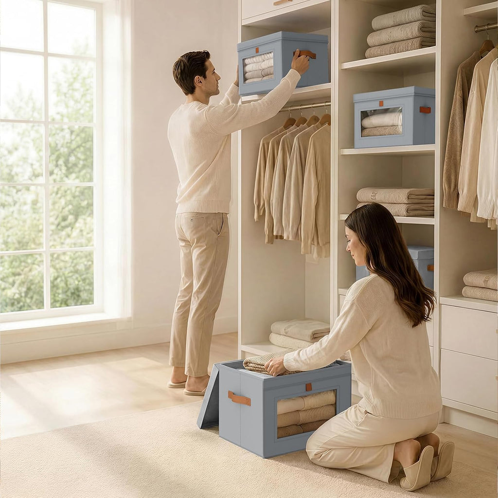 Storage Bins with Lids - Front Opening Storage Box with Clear Window & Handles, Stackable Foldable Fabric Bins for