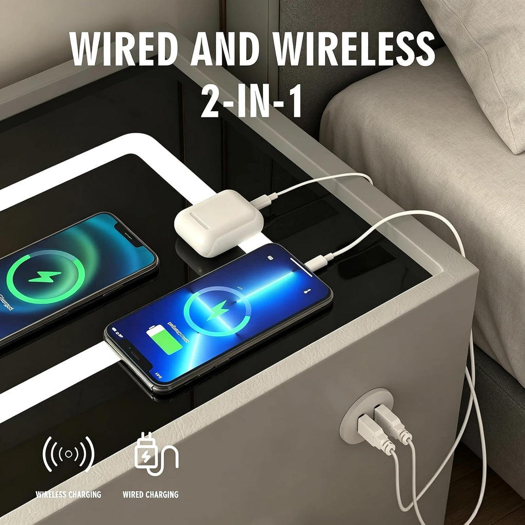 Smart Nightstand with Fingerprint Lock Drawers, Wireless Charging Support, Dual-Drawer Design, 2 USB Ports, and LED