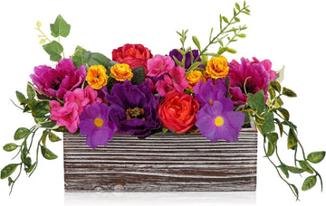 Flower Arrangement with Wooden Vase 10" Artificial Flowers in Pot - Fake Flowers in White Rectangular Wooden Vase