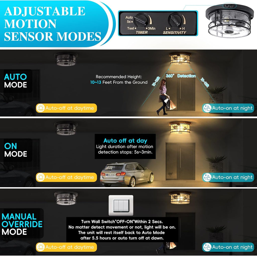 Outdoor Ceiling Light with Motion Sensor Flush Mount Round Porch Light