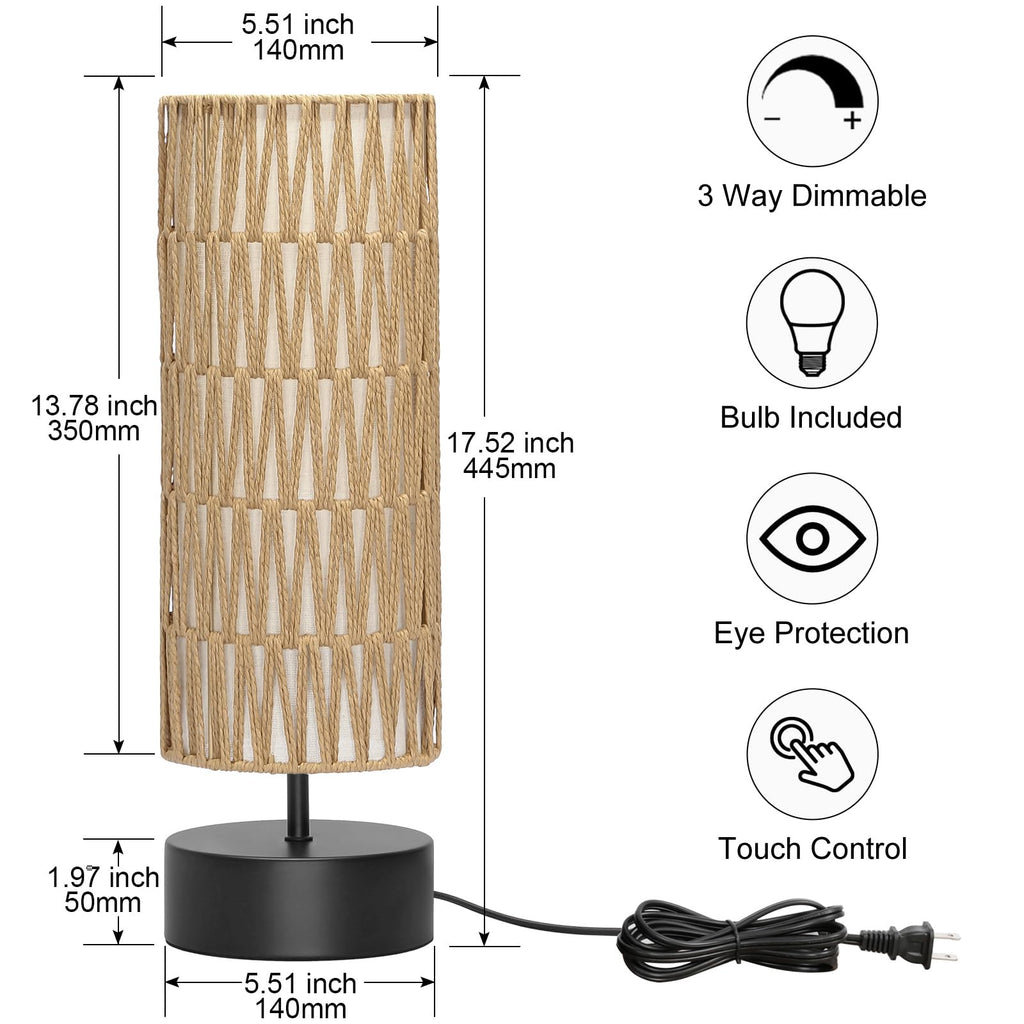 Rattan Table Lamp, Touch Control Bedside Table Lamp with Black Base, 3 Way Dimmable Nightstand Lamp with Dual-layer