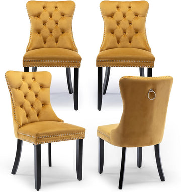 Velvet Dining Chairs Set of 4 Upholstered Tufted Dining Room Chair Kitchen Side Chairs with Nailhead Trim and Wood