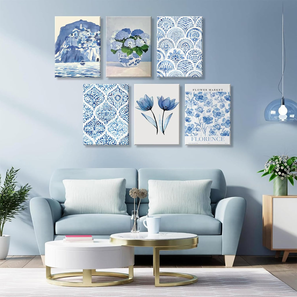 6Pcs Blue coastal Canvas Wall Art Flowers Aesthetic Wall Decor Hydrangeas Pictures painting Trendy Minimalist Prints