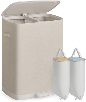 Laundry Basket with Lid, 42.2 Gallons, 2-Compartment Laundry Hamper with Handle and Pedal, Removable Liner, Easy