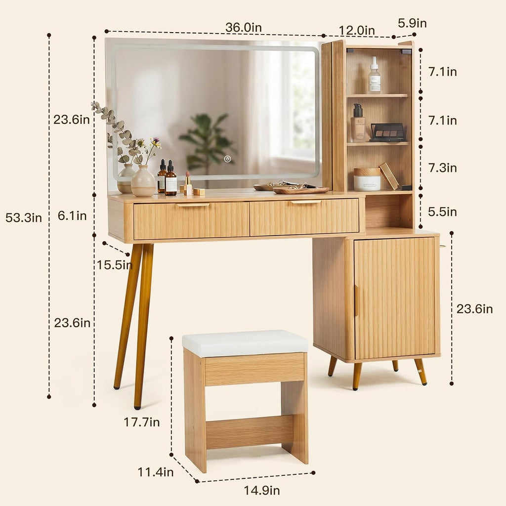 40" Fluted Makeup Vanity Desk with Lighted Mirror, Glass Top & Charging Station, Vanity Set with Upholstered Stool
