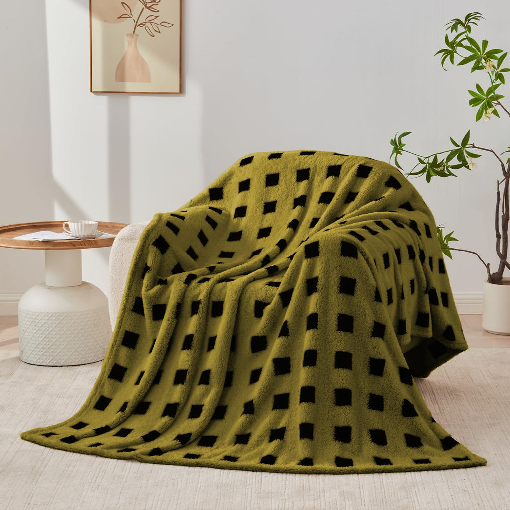 King Size Fuzzy Blanket320GSM - Olive Green Plaid Throw Blanket for Men, Christmas Throw Blanket for Couch for Bed